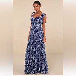 Lulu's Blue Pleated Tie Front Maxi Dress
